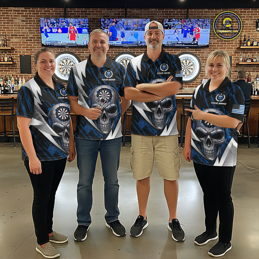 Silver Skull Blue Grunge US Flag Men Darts Quarter-Zip Shirt Custom Name Dart League Jerseys NYN2063