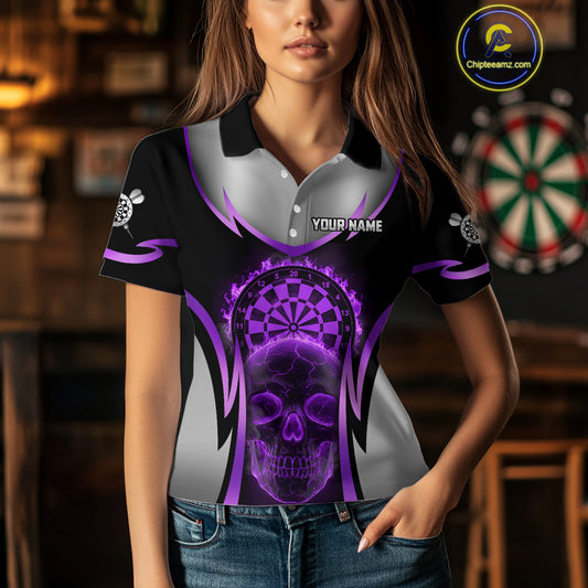 Silver Purple Flaming Skull Dartboard Women Darts Polo Shirt Custom Team Dart League Jerseys NYN2070