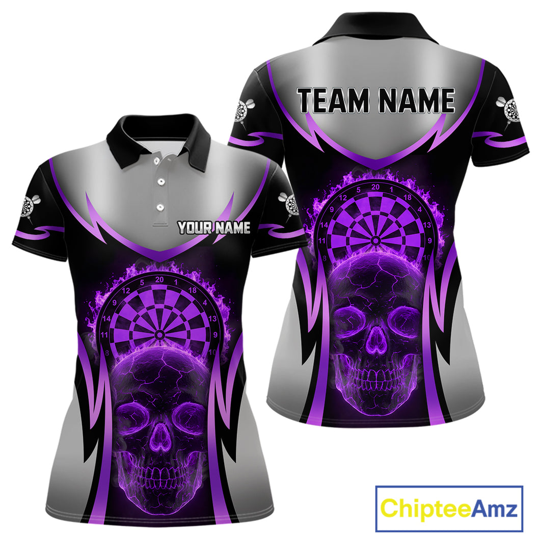 Silver Purple Flaming Skull Dartboard Women Darts Polo Shirt Custom Team Dart League Jerseys NYN2070