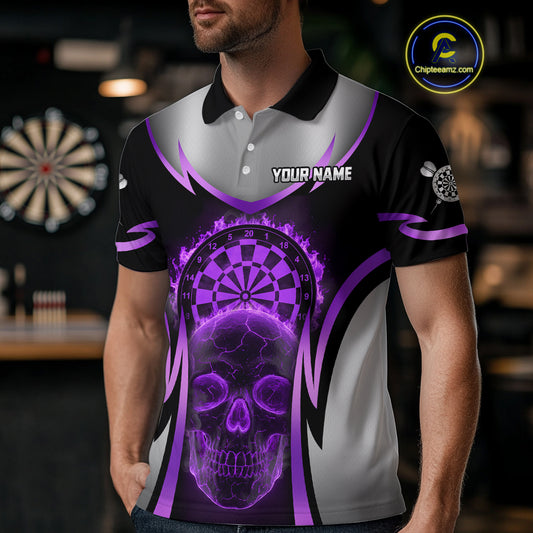 Silver Purple Flaming Skull Dartboard Men Darts Polo Shirt Custom Team Dart League Jerseys NYN2070