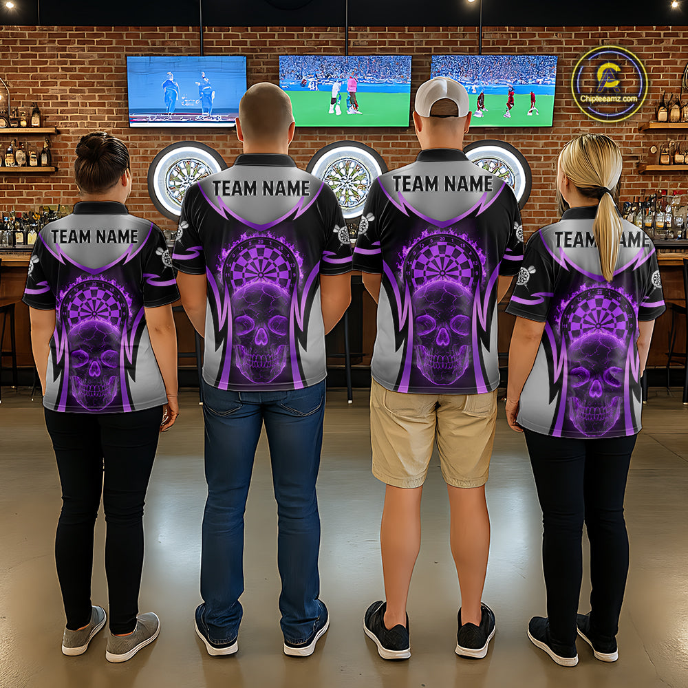 Silver Purple Flaming Skull Dartboard Men Darts Quarter-Zip Shirt Custom Team Dart League Jerseys NYN2070