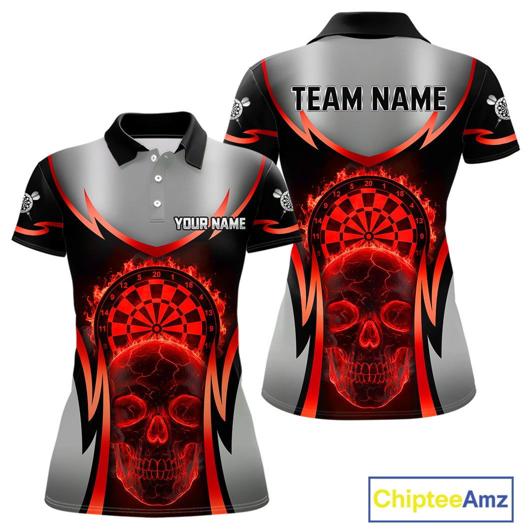 Silver Red Flaming Skull Dartboard Women Darts Polo Shirt Custom Team Dart League Jerseys NYN2071