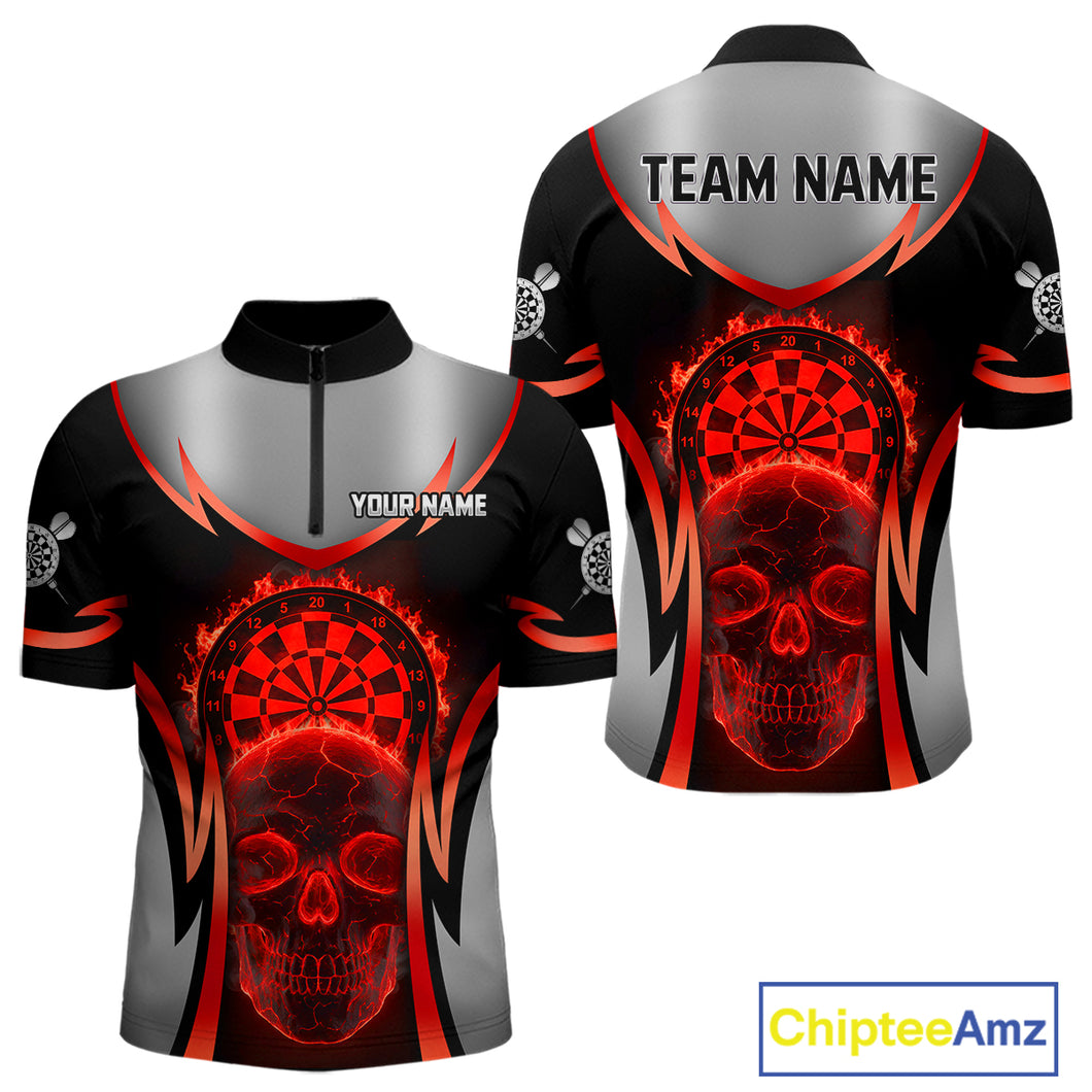 Silver Red Flaming Skull Dartboard Men Darts Quarter-Zip Shirt Custom Team Dart League Jerseys NYN2071