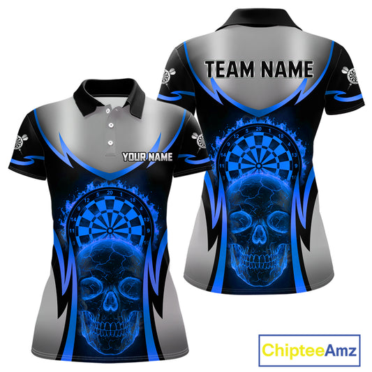 Silver Blue Flaming Skull Dartboard Women Darts Polo Shirt Custom Team Dart League Jerseys NYN2072