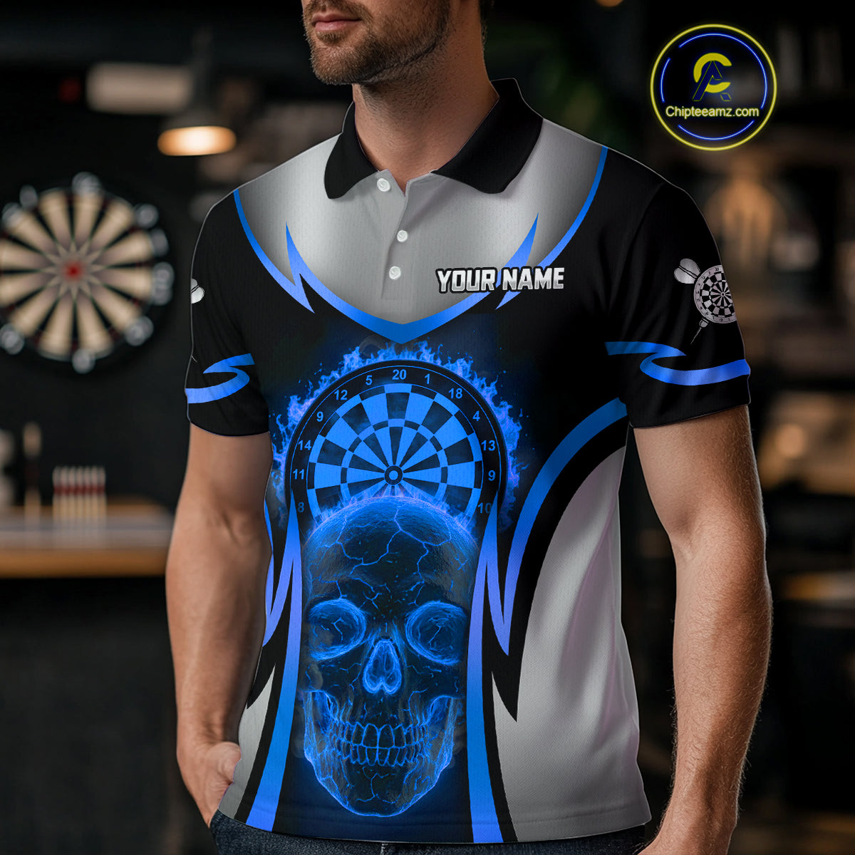 Silver Blue Flaming Skull Dartboard Men Darts Polo Shirt Custom Team Dart League Jerseys NYN2072