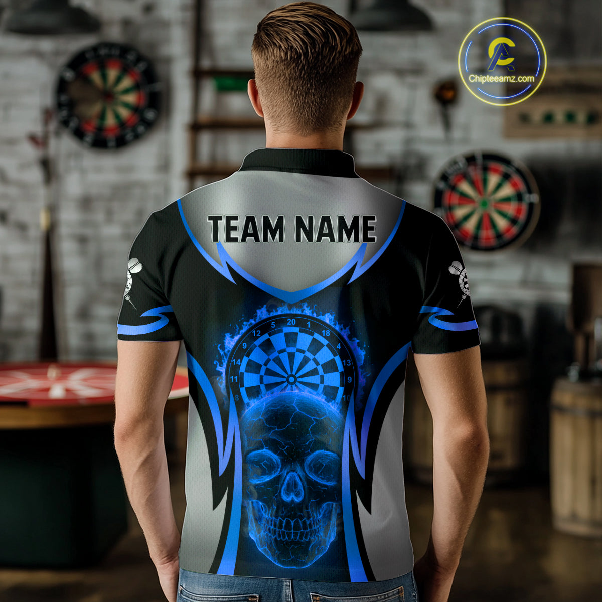 Silver Blue Flaming Skull Dartboard Men Darts Polo Shirt Custom Team Dart League Jerseys NYN2072