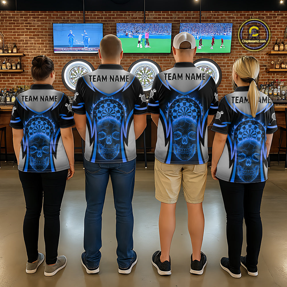 Silver Blue Flaming Skull Dartboard Women Darts Polo Shirt Custom Team Dart League Jerseys NYN2072