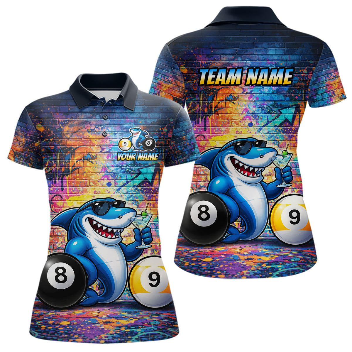 Custom Funny Shark Pool 8 Ball & 9 Ball Women Billiard Shirt Personalized Graffiti Billiard Attire NYN2594
