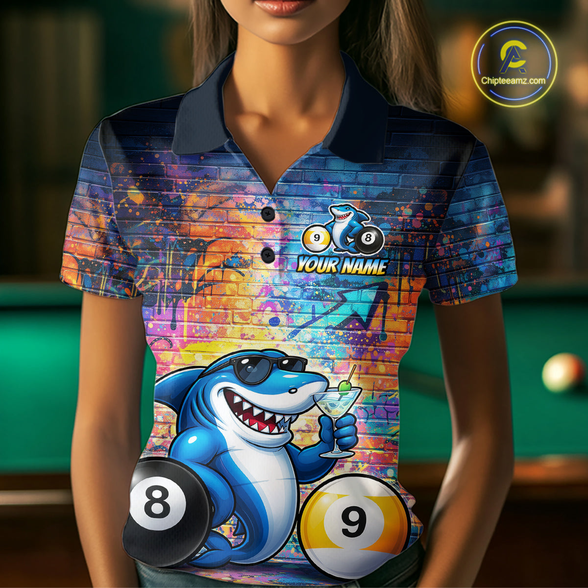 Custom Funny Shark Pool 8 Ball & 9 Ball Women Billiard Shirt Personalized Graffiti Billiard Attire NYN2594