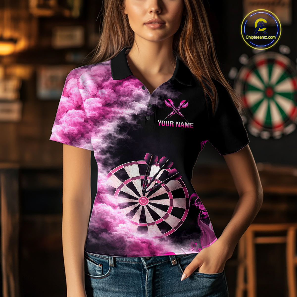 Custom Pink Smokes Dartboard & Arrow Women Darts Polo Shirt Personalized Darts Team Jerseys NYN2597