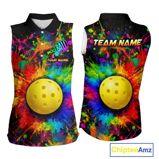 Colorful paint pickleball ball sleeveless polo for women splatter pickleball shirt black