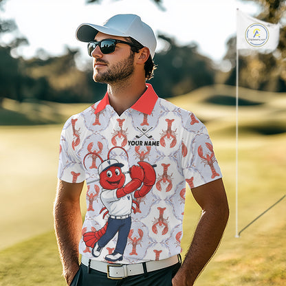 Male golfer wearing Lobster golf polo, coastal golf apparel, custom golf uniform, golf outing clothing, performance golf shirt
