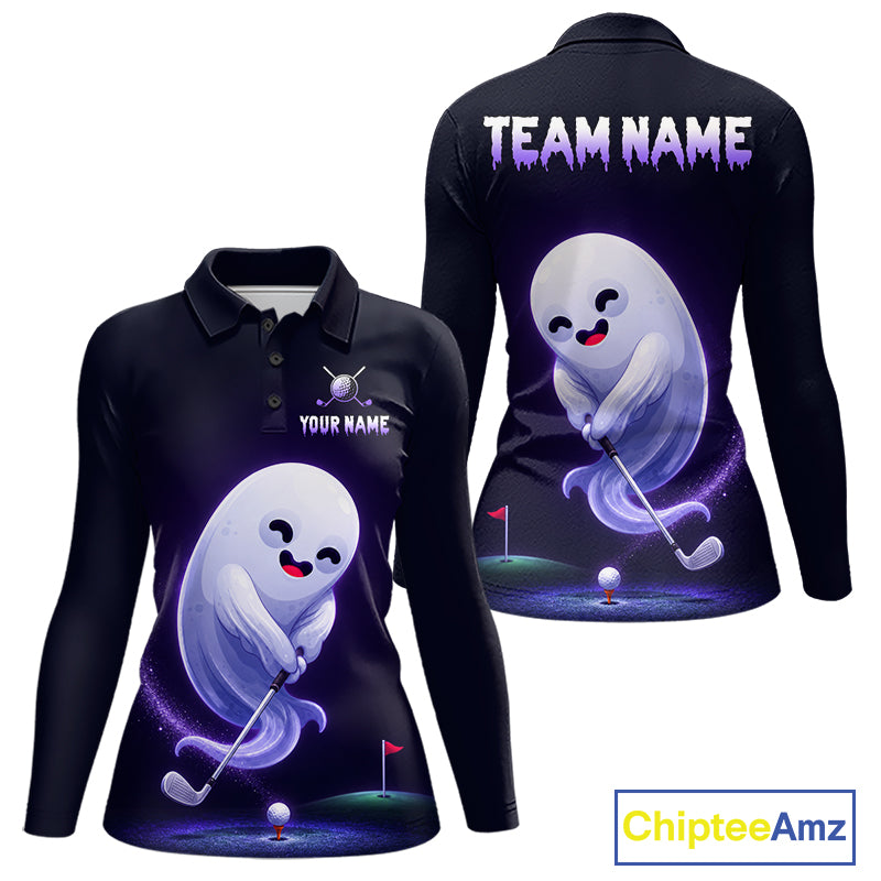 Funny Purple Ghost women's golf polo shirt, Halloween golf apparel, breathable golf uniform, personalized golf team shirt