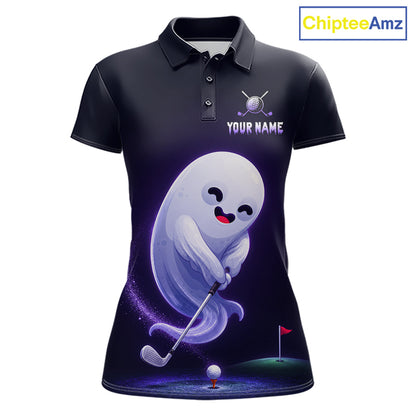 Funny Purple Ghost women's golf polo shirt, Halloween golf apparel, breathable golf uniform, personalized golf team shirt