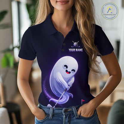 Female golfer wearing Purple Ghost golf polo, spooky golf fashion, personalized golf apparel, golf outing clothing