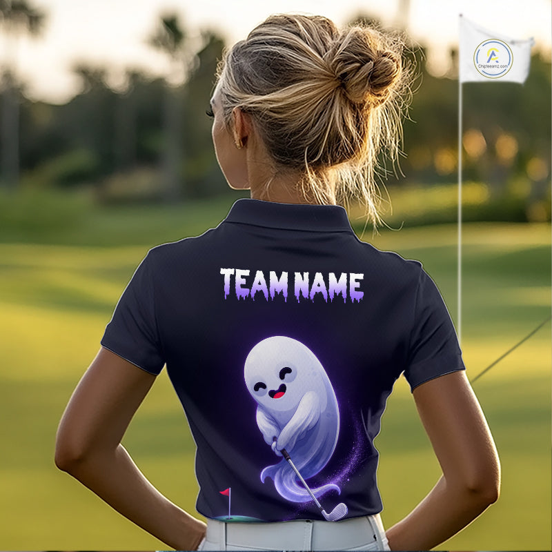 Female golfer wearing Purple Ghost golf polo, spooky golf fashion, personalized golf apparel, golf outing clothing