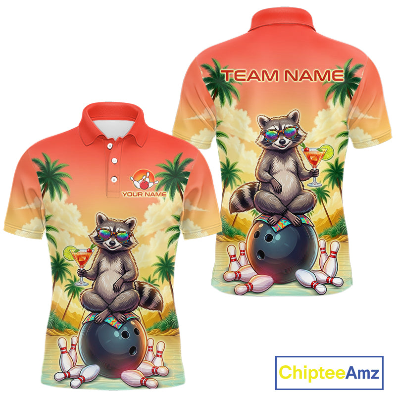 Custom Name Funny Bowling Shirt For Men, Raccoon With Cocktail Sunset Bowling Apparel Gift For Bowlers NYN4312