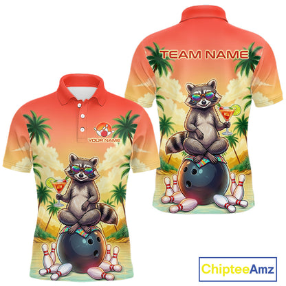 Custom Name Funny Bowling Shirt For Men, Raccoon With Cocktail Sunset Bowling Apparel Gift For Bowlers NYN4312