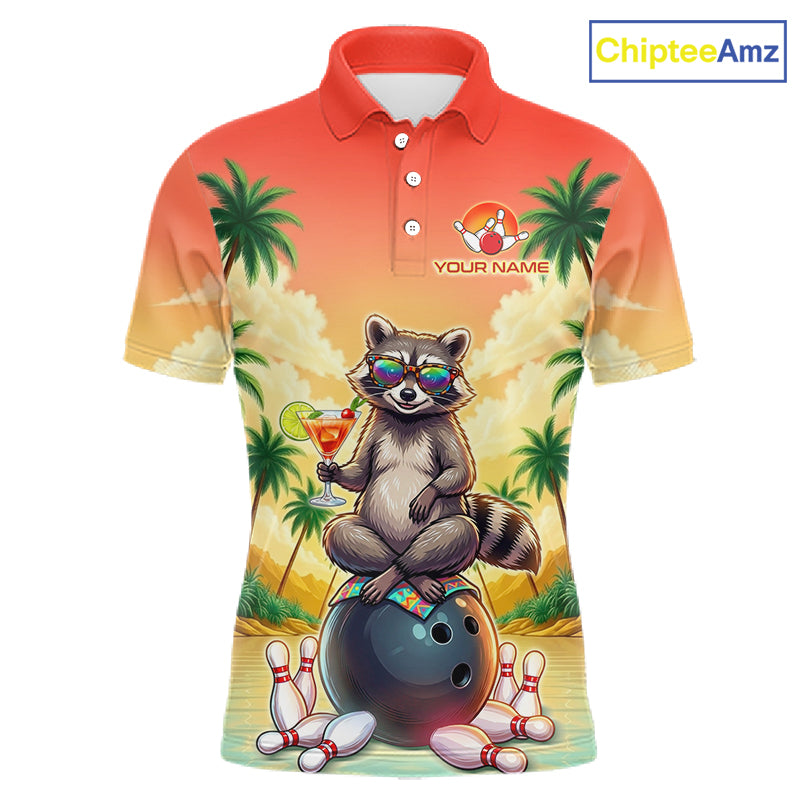Custom Name Funny Bowling Shirt For Men, Raccoon With Cocktail Sunset Bowling Apparel Gift For Bowlers NYN4312