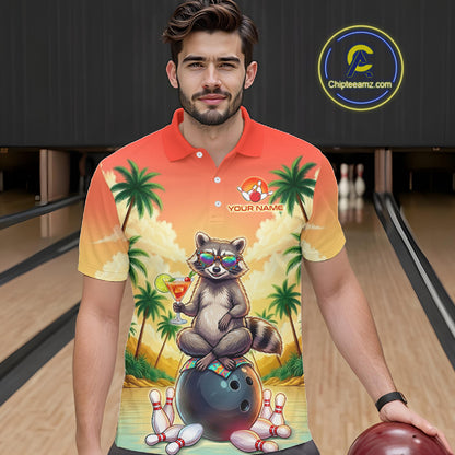 Custom Name Funny Bowling Shirt For Men, Raccoon With Cocktail Sunset Bowling Apparel Gift For Bowlers NYN4312
