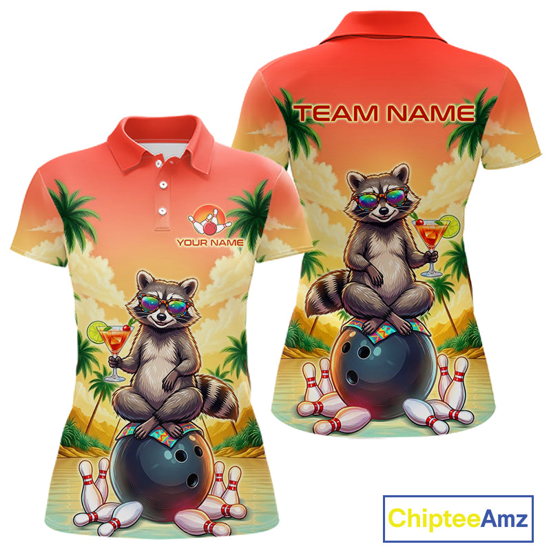Custom Name Funny Bowling Shirt For Women, Raccoon With Cocktail Sunset Bowling Apparel Gift For Bowlers NYN4312