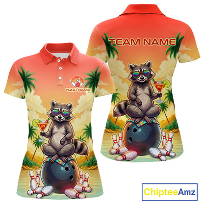 Custom Name Funny Bowling Shirt For Women, Raccoon With Cocktail Sunset Bowling Apparel Gift For Bowlers NYN4312
