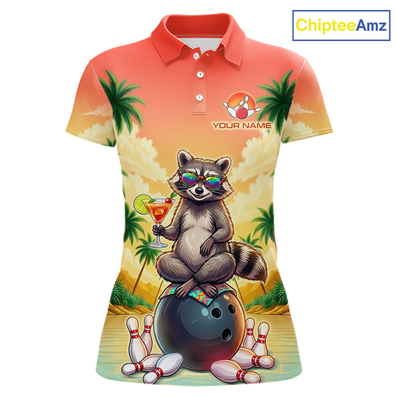 Custom Name Funny Bowling Shirt For Women, Raccoon With Cocktail Sunset Bowling Apparel Gift For Bowlers NYN4312