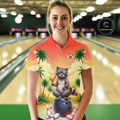 Custom Name Funny Bowling Shirt For Women, Raccoon With Cocktail Sunset Bowling Apparel Gift For Bowlers NYN4312