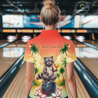 Custom Name Funny Bowling Shirt For Women, Raccoon With Cocktail Sunset Bowling Apparel Gift For Bowlers NYN4312