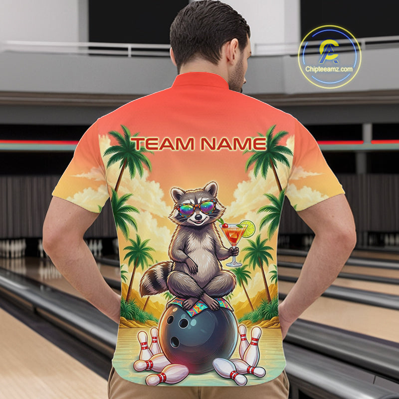 Custom Name Funny Bowling Shirt For Men, Raccoon With Cocktail Sunset Bowling Apparel Gift For Bowlers NYN4312