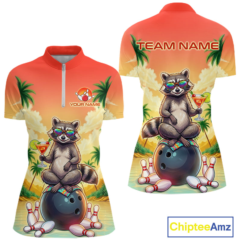 Custom Name Funny Bowling Shirt For Women, Raccoon With Cocktail Sunset Bowling Apparel Gift For Bowlers NYN4312