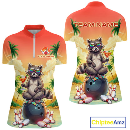 Custom Name Funny Bowling Shirt For Women, Raccoon With Cocktail Sunset Bowling Apparel Gift For Bowlers NYN4312