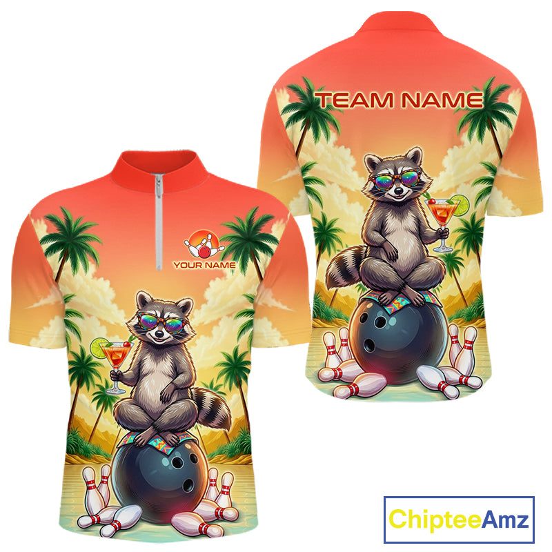 Custom Name Funny Bowling Shirt For Men, Raccoon With Cocktail Sunset Bowling Apparel Gift For Bowlers NYN4312