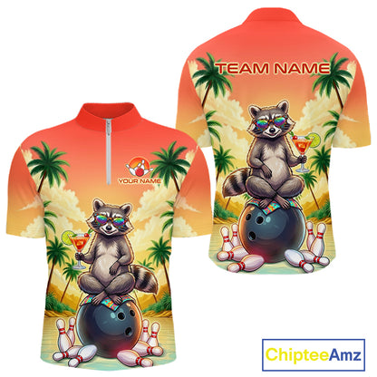 Custom Name Funny Bowling Shirt For Men, Raccoon With Cocktail Sunset Bowling Apparel Gift For Bowlers NYN4312