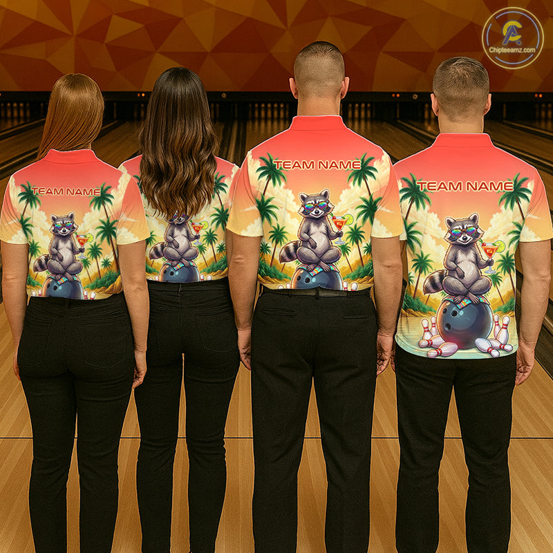 Custom Name Funny Bowling Shirt For Men, Raccoon With Cocktail Sunset Bowling Apparel Gift For Bowlers NYN4312