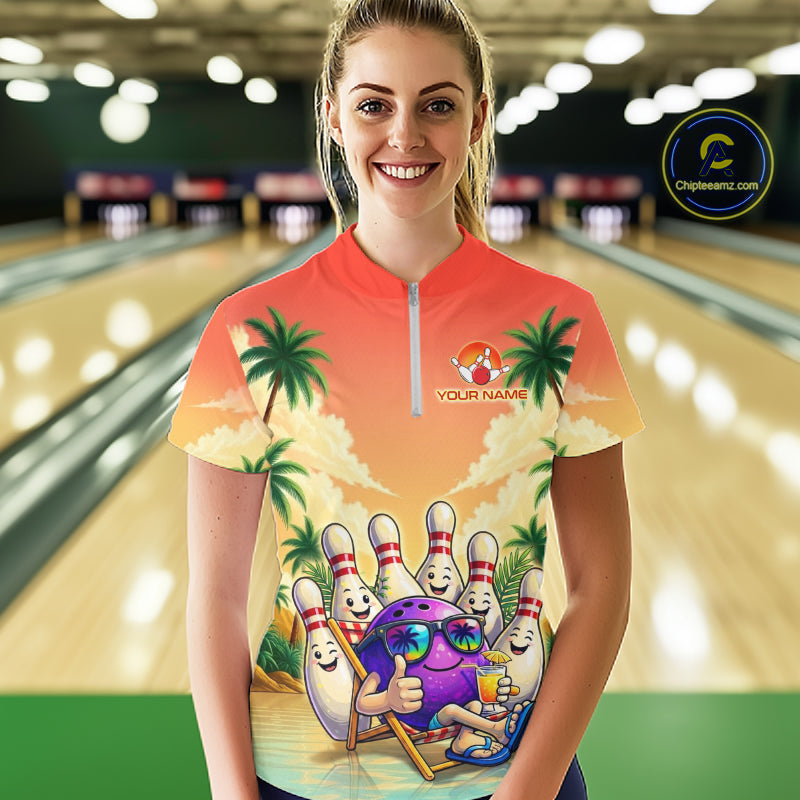 Personalized Funny Bowling Jersey For Women Custom Name Tropical Beach Bowling Polo Quarter-Zip Shirt NYN4313