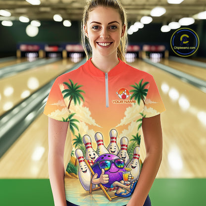 Personalized Funny Bowling Jersey For Women Custom Name Tropical Beach Bowling Polo Quarter-Zip Shirt NYN4313