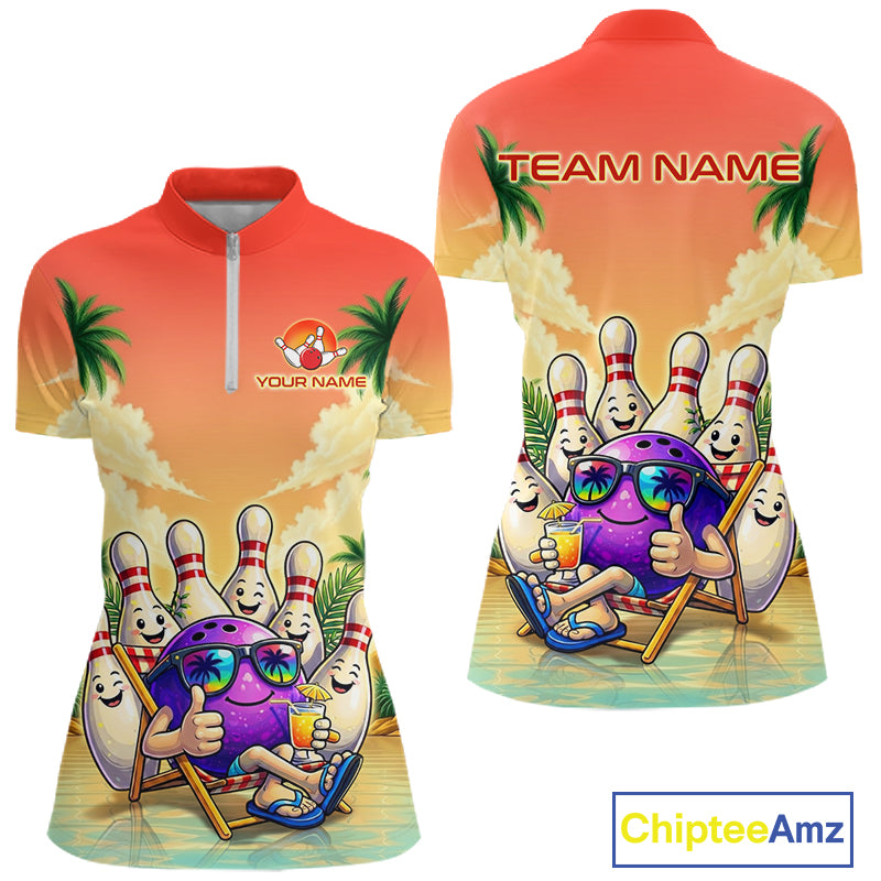 Personalized Funny Bowling Jersey For Women Custom Name Tropical Beach Bowling Polo Quarter-Zip Shirt NYN4313