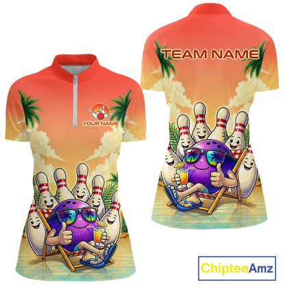Personalized Funny Bowling Jersey For Women Custom Name Tropical Beach Bowling Polo Quarter-Zip Shirt NYN4313