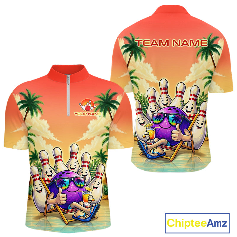 Personalized Funny Bowling Jersey For Men Custom Name Tropical Beach Bowling Polo Quarter-Zip Shirt NYN4313