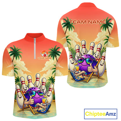 Personalized Funny Bowling Jersey For Men Custom Name Tropical Beach Bowling Polo Quarter-Zip Shirt NYN4313