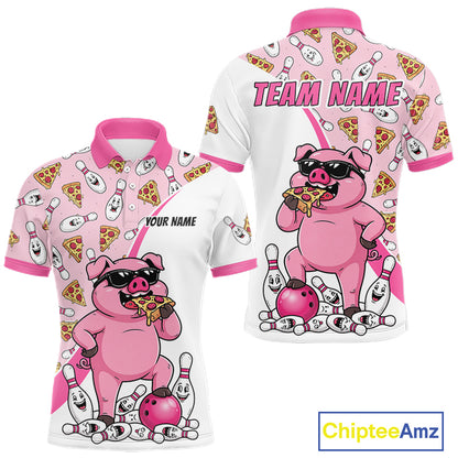 Custom Pig Pizza Graphic Bowling Polo 1/4-Zip Shirt For Men Funny Bowling League Team Uniform NYN4323