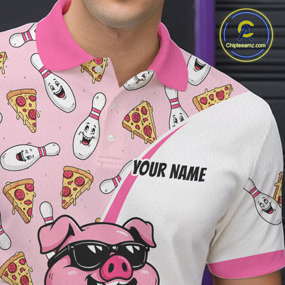 Custom Pig Pizza Graphic Bowling Polo 1/4-Zip Shirt For Men Funny Bowling League Team Uniform NYN4323