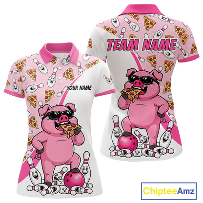 Custom Pig Pizza Graphic Bowling Polo 1/4-Zip Shirt For Women Funny Bowling League Team Uniform NYN4323