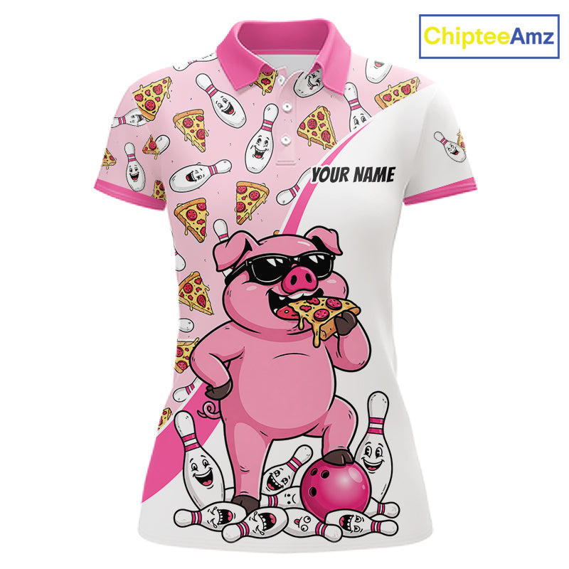Custom Pig Pizza Graphic Bowling Polo 1/4-Zip Shirt For Women Funny Bowling League Team Uniform NYN4323