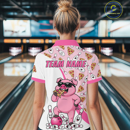 Custom Pig Pizza Graphic Bowling Polo 1/4-Zip Shirt For Women Funny Bowling League Team Uniform NYN4323