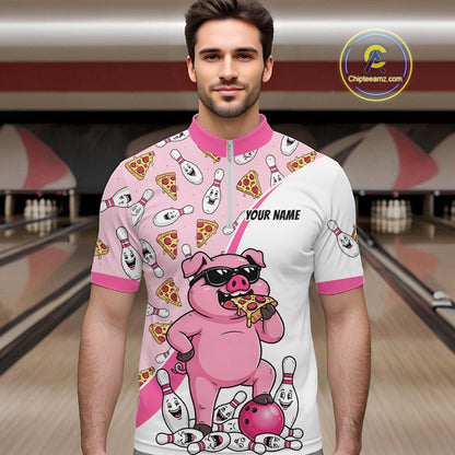 Custom Pig Pizza Graphic Bowling Polo 1/4-Zip Shirt For Men Funny Bowling League Team Uniform NYN4323