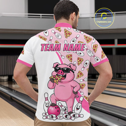 Custom Pig Pizza Graphic Bowling Polo 1/4-Zip Shirt For Men Funny Bowling League Team Uniform NYN4323