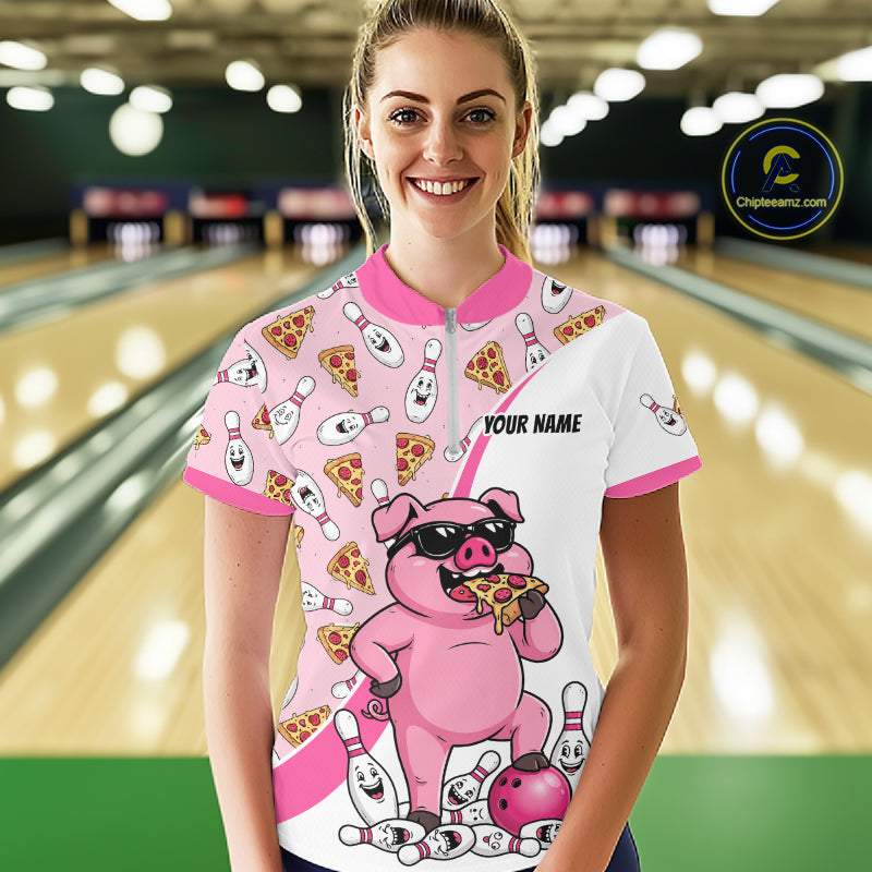 Custom Pig Pizza Graphic Bowling Polo 1/4-Zip Shirt For Women Funny Bowling League Team Uniform NYN4323