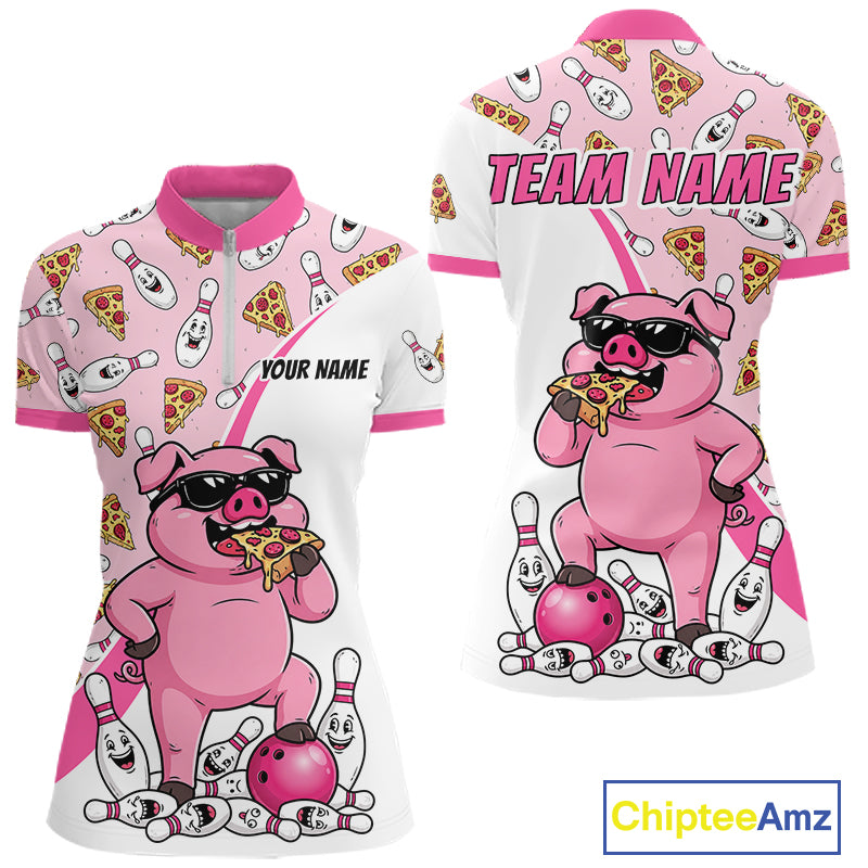 Custom Pig Pizza Graphic Bowling Polo 1/4-Zip Shirt For Women Funny Bowling League Team Uniform NYN4323